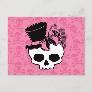 Niedlicher Schädel mit Top Hat-Rose, rosa Bow-Post Postkarte
