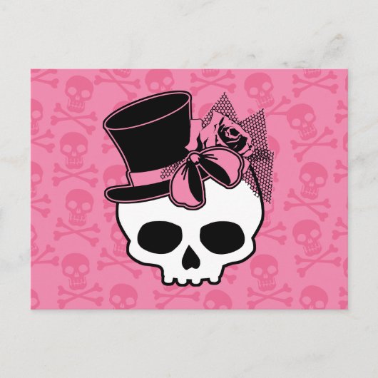 Niedlicher Schädel mit Top Hat-Rose, rosa Bow-Post Postkarte (Vorderseite)