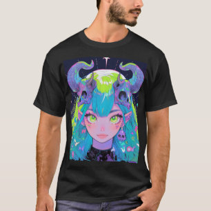 Niedlicher Schädel und Hörner Punk Rock Anime Girl T-Shirt