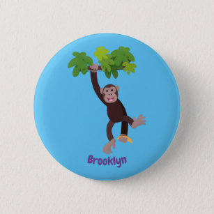 Niedlicher Schimpanse im Dschungel hängender Carto Button