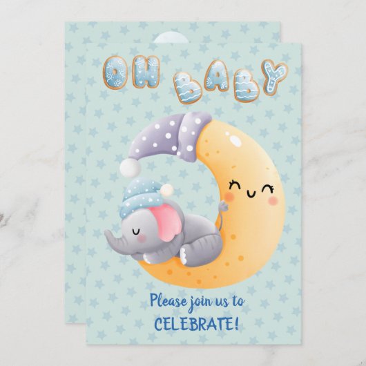 Niedlicher SchlafElefant auf der Mond Baby Boy Dus Einladung (Vorne/Hinten)