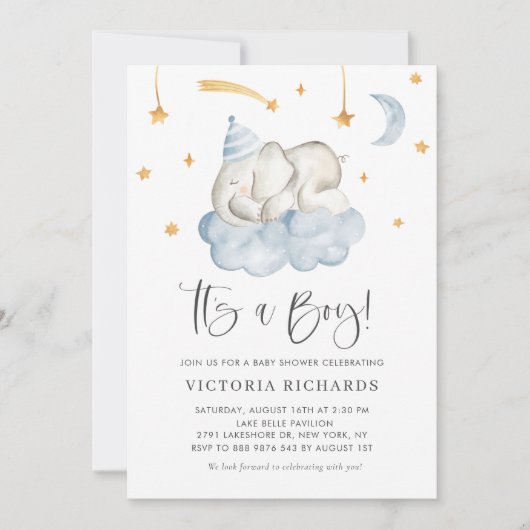 Niedlicher SchlafElefant Es ist eine Kinderdusche Einladung (Vorderseite)