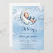 Niedlicher schlafender Junge über dem Mond Oh Baby Einladung (Vorne/Hinten)