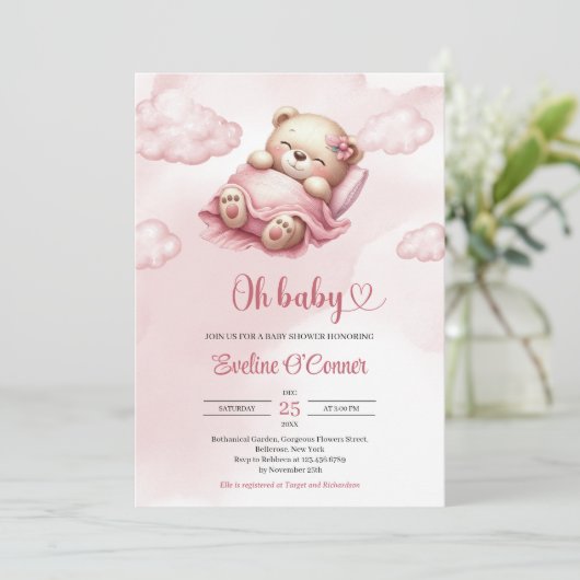 Niedlicher schlafender Teddybär in rosa Himmel und Einladung (Stehend Vorderseite)