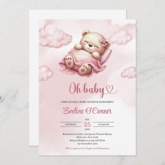 Niedlicher schlafender Teddybär in rosa Himmel und Einladung (Vorne/Hinten)