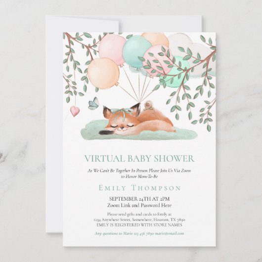 Niedlicher Schlaffox Ballon Aquamarin Virtual Baby Einladung (Vorderseite)