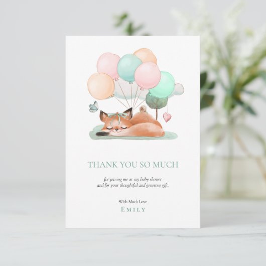 Niedlicher Schlaffox Balloons Motif Aquamarin Baby Dankeskarte (Stehend Vorderseite)