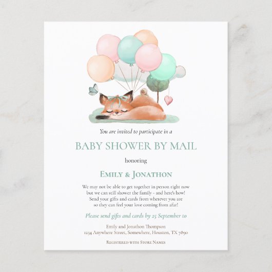 Niedlicher Schlaffuchs Aquamarine Babydusche einla (Vorderseite)