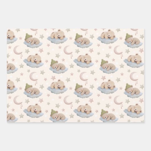 Niedlicher Schlafteddybär mit Sternen und Mond Geschenkpapier Set (Vorderseite)
