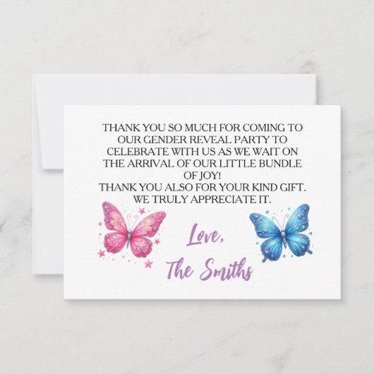 niedlicher Schmetterling Gender Reveal Party Garte Dankeskarte (Vorderseite)