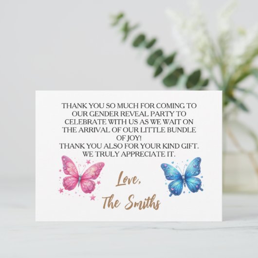 niedlicher Schmetterling Gender Reveal Party Garte Dankeskarte (Stehend Vorderseite)