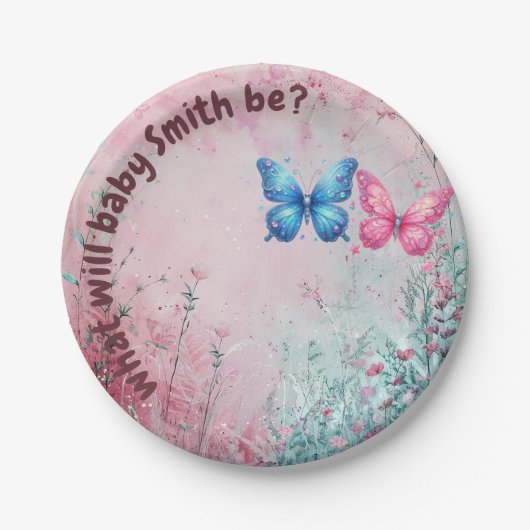 niedlicher Schmetterling Gender Reveal Party Garte Pappteller (Vorderseite)