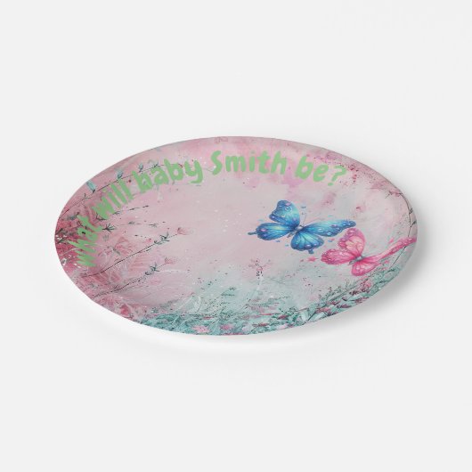niedlicher Schmetterling Gender Reveal Party Garte Pappteller (Schrägansicht)