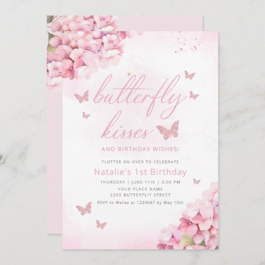 Niedlicher Schmetterling Pink Aquarell Floral 1. G Einladung (Vorne/Hinten)