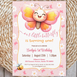 Niedlicher Schmetterling Pink Floral Girl 1. Gebur Einladung