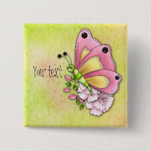 Niedlicher Schmetterling und Blumen Button