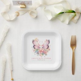 Niedlicher Schmetterling und Florals Pink Baby Dus Pappteller