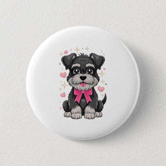 Niedlicher Schnauzer mit rosa Bow umgeben von Herz Button (Vorderseite)