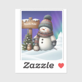 Niedlicher Schneemann am Nordpol mit Nordlichter Aufkleber