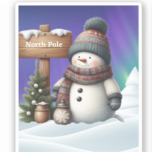 Niedlicher Schneemann am Nordpol mit Nordlichter Aufkleber (Vorderseite)