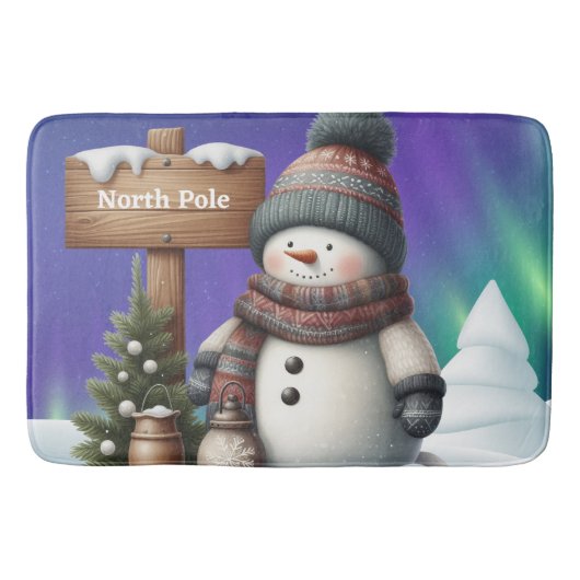 Niedlicher Schneemann am Nordpol mit Nordlichter Badematte (Vorderseite)