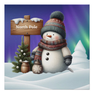 Niedlicher Schneemann am Nordpol mit Nordlichter Poster