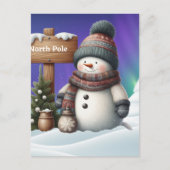 Niedlicher Schneemann am Nordpol mit Nordlichter Postkarte (Vorderseite)