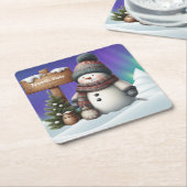 Niedlicher Schneemann am Nordpol mit Nordlichter Rechteckiger Pappuntersetzer (angewinkelt)