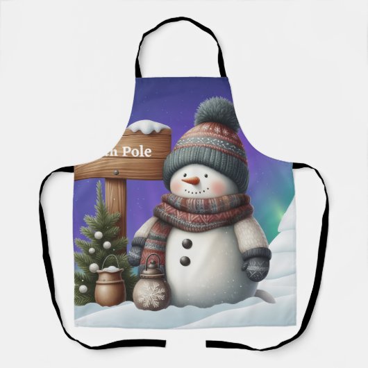 Niedlicher Schneemann am Nordpol mit Nordlichter Schürze (Vorderseite)