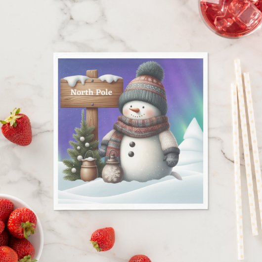 Niedlicher Schneemann am Nordpol mit Nordlichter Serviette (Beispiel)