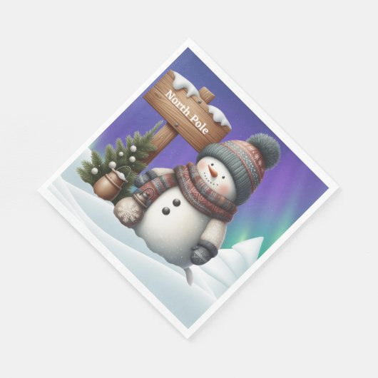 Niedlicher Schneemann am Nordpol mit Nordlichter Serviette (Ecke)