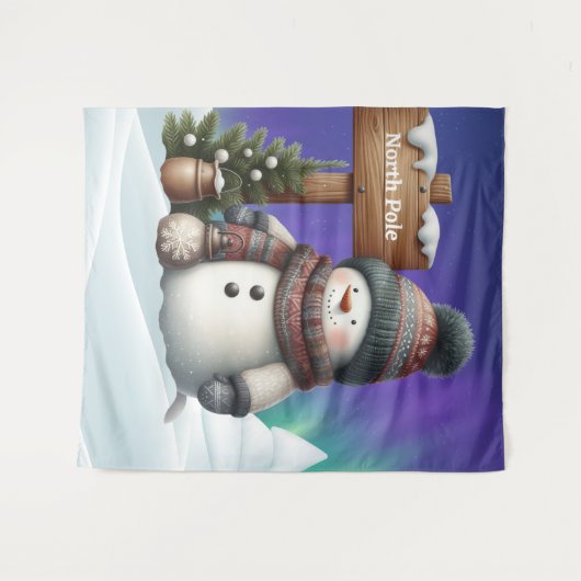 Niedlicher Schneemann am Nordpol mit Nordlichter Wandteppich (Vorderseite (Horizontal))