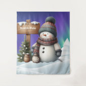 Niedlicher Schneemann am Nordpol mit Nordlichter Wandteppich (Vorderseite)