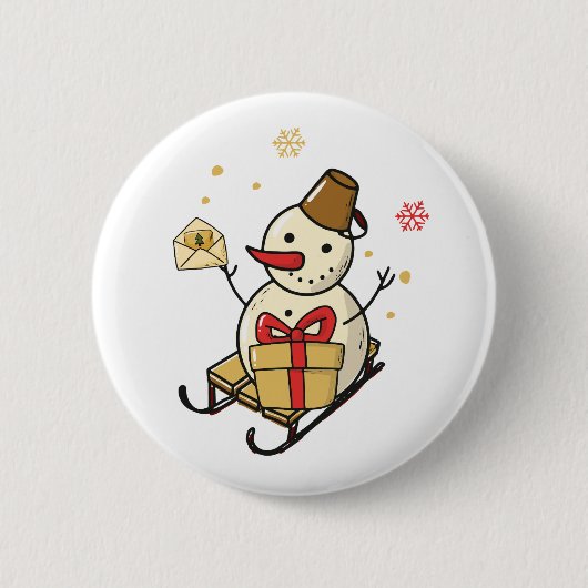 Niedlicher Schneemann auf Schlitten Button (Vorderseite)