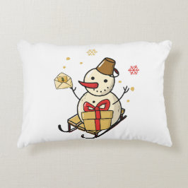 Niedlicher Schneemann auf Schlitten Dekokissen