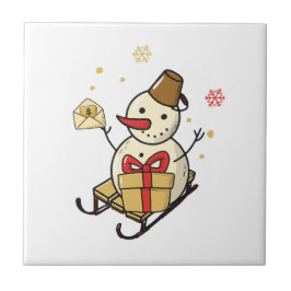 Niedlicher Schneemann auf Schlitten Fliese