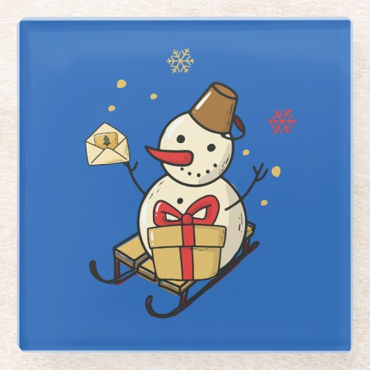 Niedlicher Schneemann auf Schlitten Glasuntersetzer (Vorderseite)