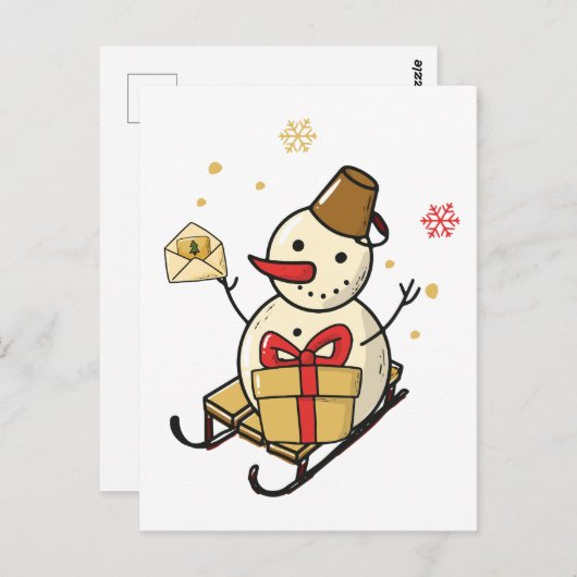 Niedlicher Schneemann auf Schlitten Postkarte (Vorne/Hinten)