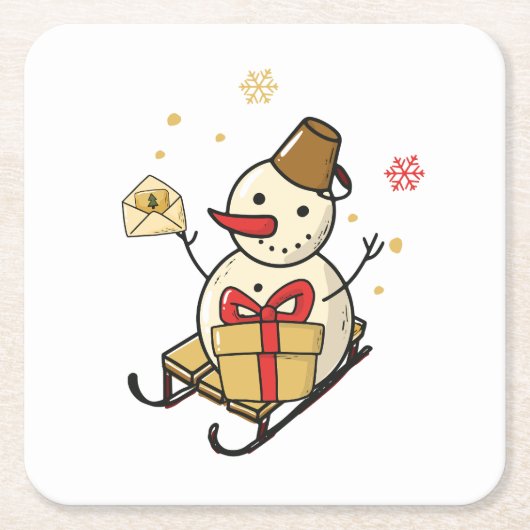 Niedlicher Schneemann auf Schlitten Rechteckiger Pappuntersetzer (Vorderseite)