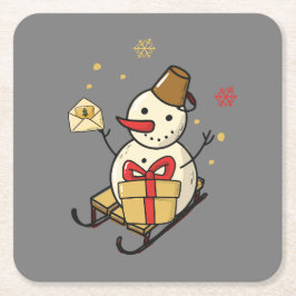 Niedlicher Schneemann auf Schlitten Rechteckiger Pappuntersetzer