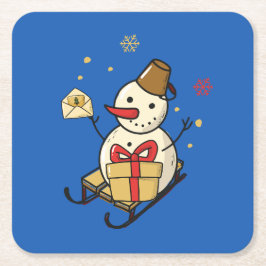 Niedlicher Schneemann auf Schlitten Rechteckiger Pappuntersetzer