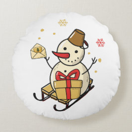 Niedlicher Schneemann auf Schlitten Rundes Kissen