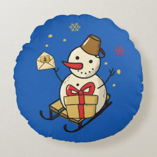 Niedlicher Schneemann auf Schlitten Rundes Kissen
