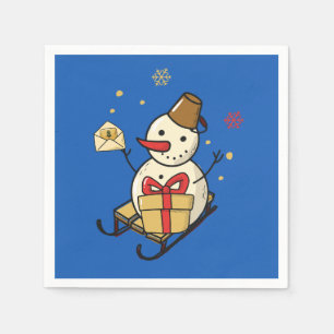 Niedlicher Schneemann auf Schlitten Serviette