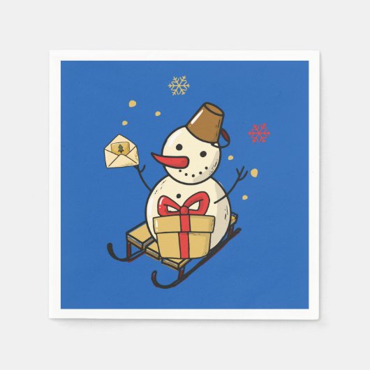 Niedlicher Schneemann auf Schlitten Serviette (Vorderseite)