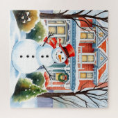 Niedlicher Schneemann in den Vorstädten Weihnachte Puzzle (Horizontal)