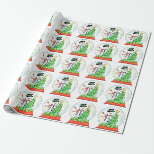 Niedlicher Schneemann in einem Schneeglobe mit Wei Geschenkpapier