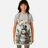 Niedlicher Schneemann in Kiefernwäldern, heißer Sc Schürze (Insitu)