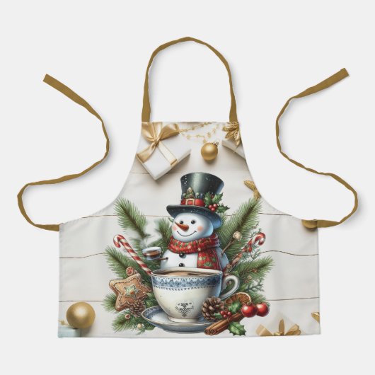 Niedlicher Schneemann in Kiefernwäldern, heißer Sc Schürze (Vorderseite)