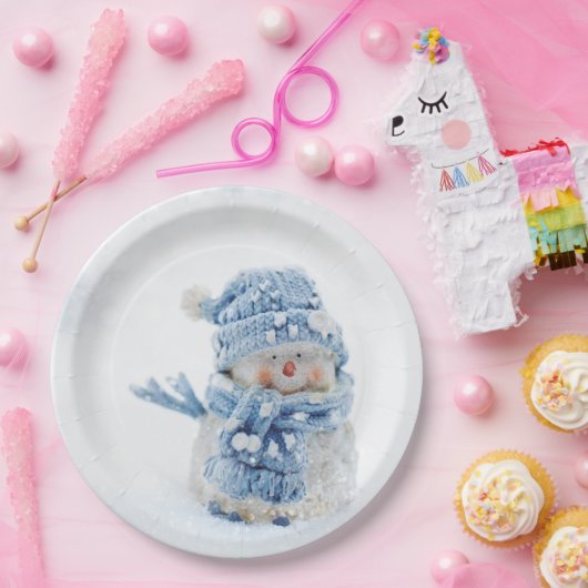 Niedlicher Schneemann in Winterfotografie Weihnach Pappteller (Party)